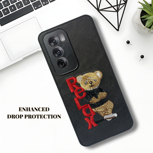 Black Leather Relax Teddy Lion Camera Ornamented for Oppo Reno 12