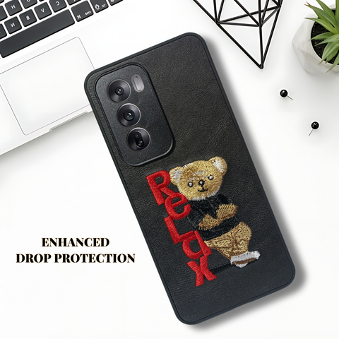 Black Leather Relax Teddy Lion Camera Ornamented for Oppo Reno 12