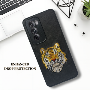 Black Leather Yellow Lion Camera Ornamented for Oppo Reno 12