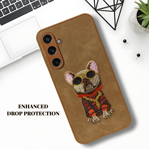 Brown Leather Bulldog Camera Ornamented for Samsung S23 Fe