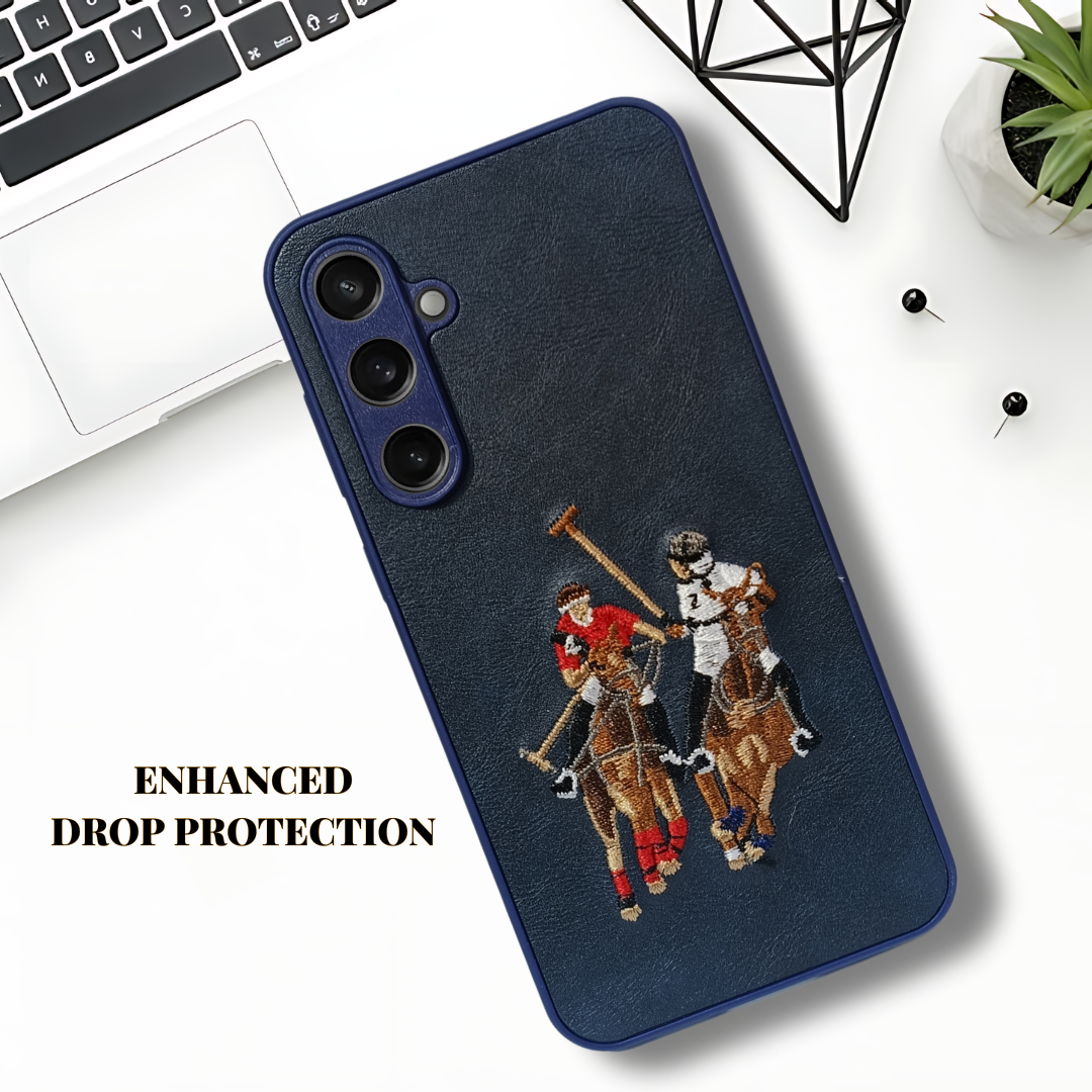 Blue Leather Dual Horse Rider Lion Camera Ornamented for Samsung S23 FE