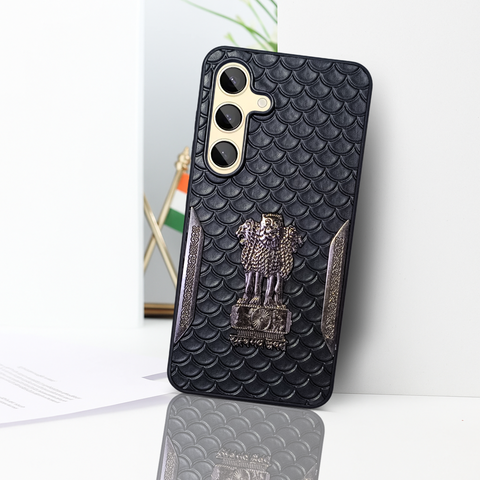 Black (Design 10) Satyameva Jayate embossed Leather Case for Samsung S24