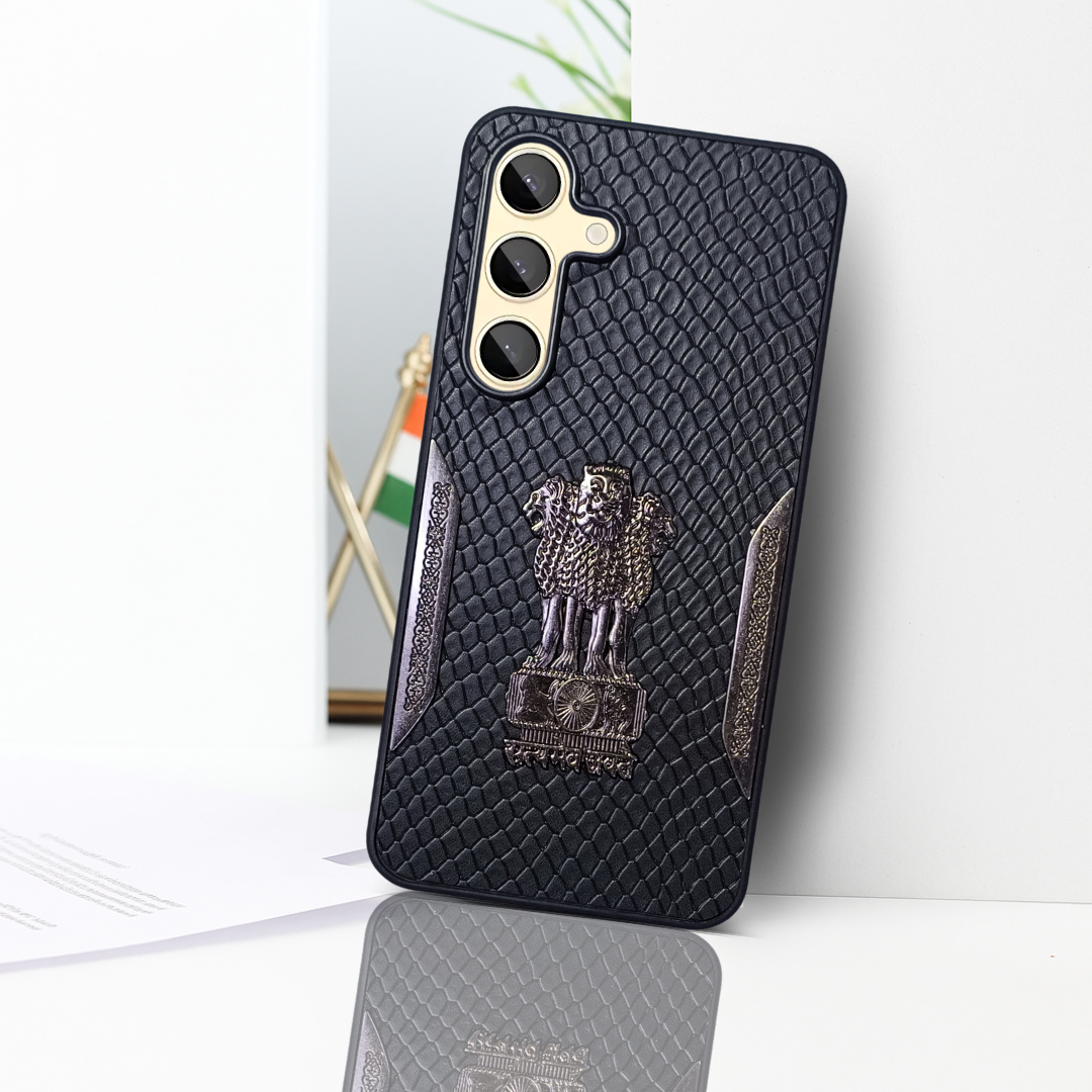 Black (Design 3) Satyameva Jayate embossed Leather Case for Samsung S24