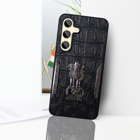Black (Design 8) Satyameva Jayate embossed Leather Case for Samsung S24