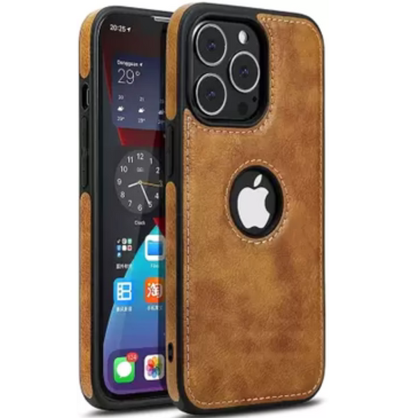 Puloka Brown Logo cut Leather silicone case for Apple iPhone 14 Pro Max