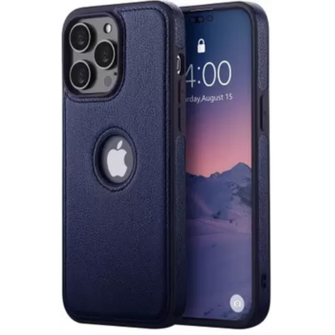 Puloka Dark Blue Logo cut Leather silicone case for Apple iPhone 15 Pro Max