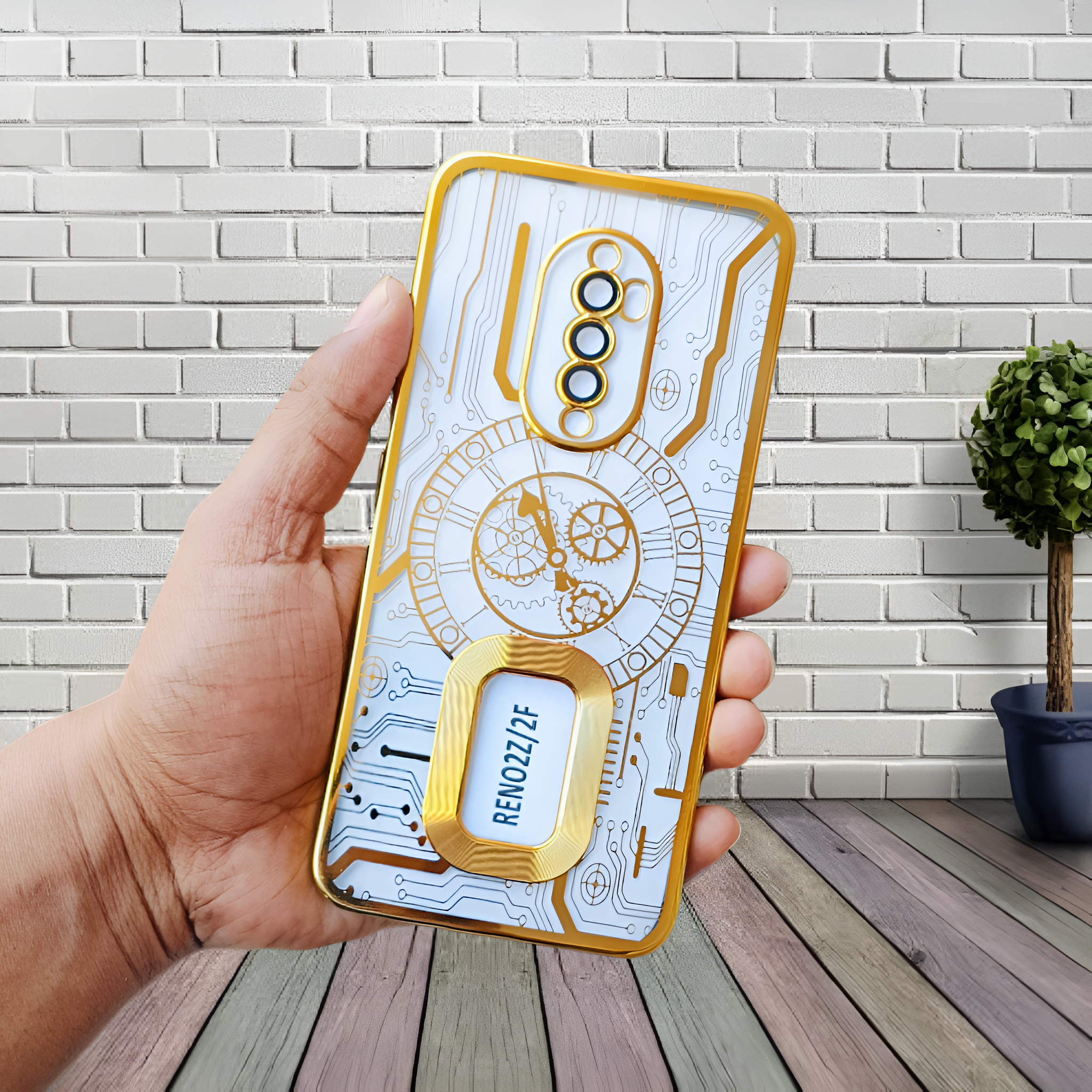 Golden Watch Machine Logo Cut Transparent Case for Oppo Reno 2F