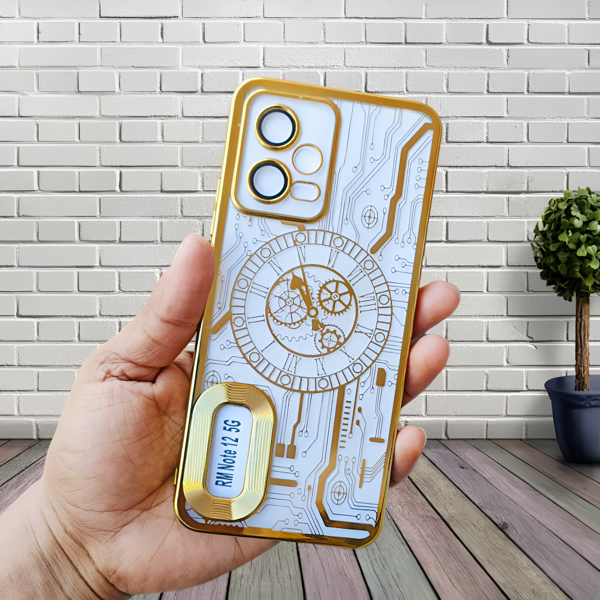 Golden Watch Machine Logo Cut Transparent Case for Redmi Note 12