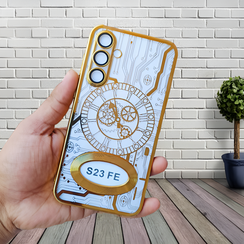 Golden Watch Machine Logo Cut Transparent Case for Samsung S23 fe