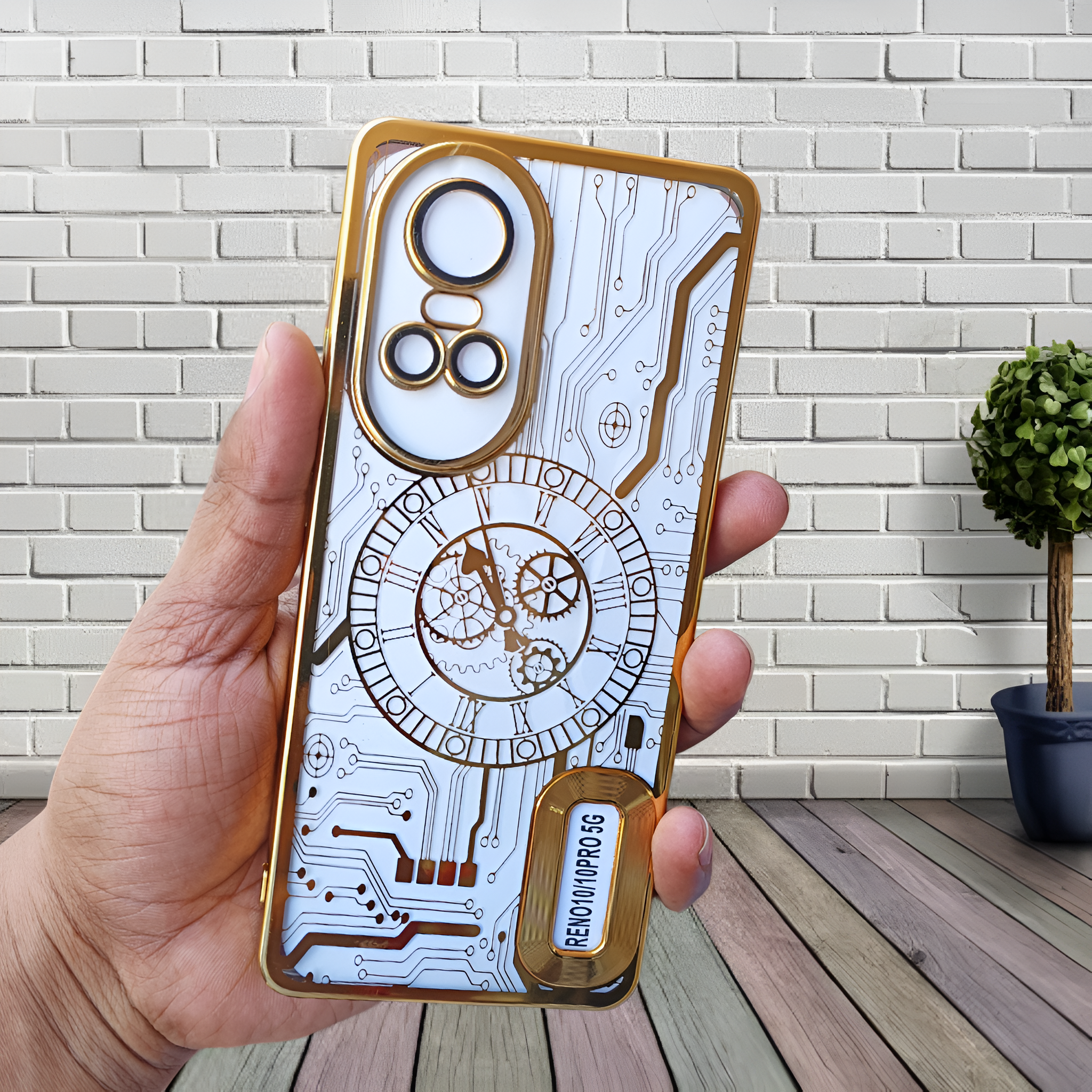 Golden Watch Machine Logo Cut Transparent Case for Oppo Reno 10