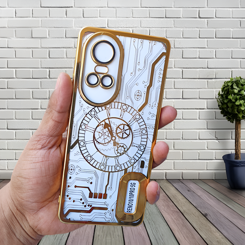 Golden Watch Machine Logo Cut Transparent Case for Oppo Reno 10