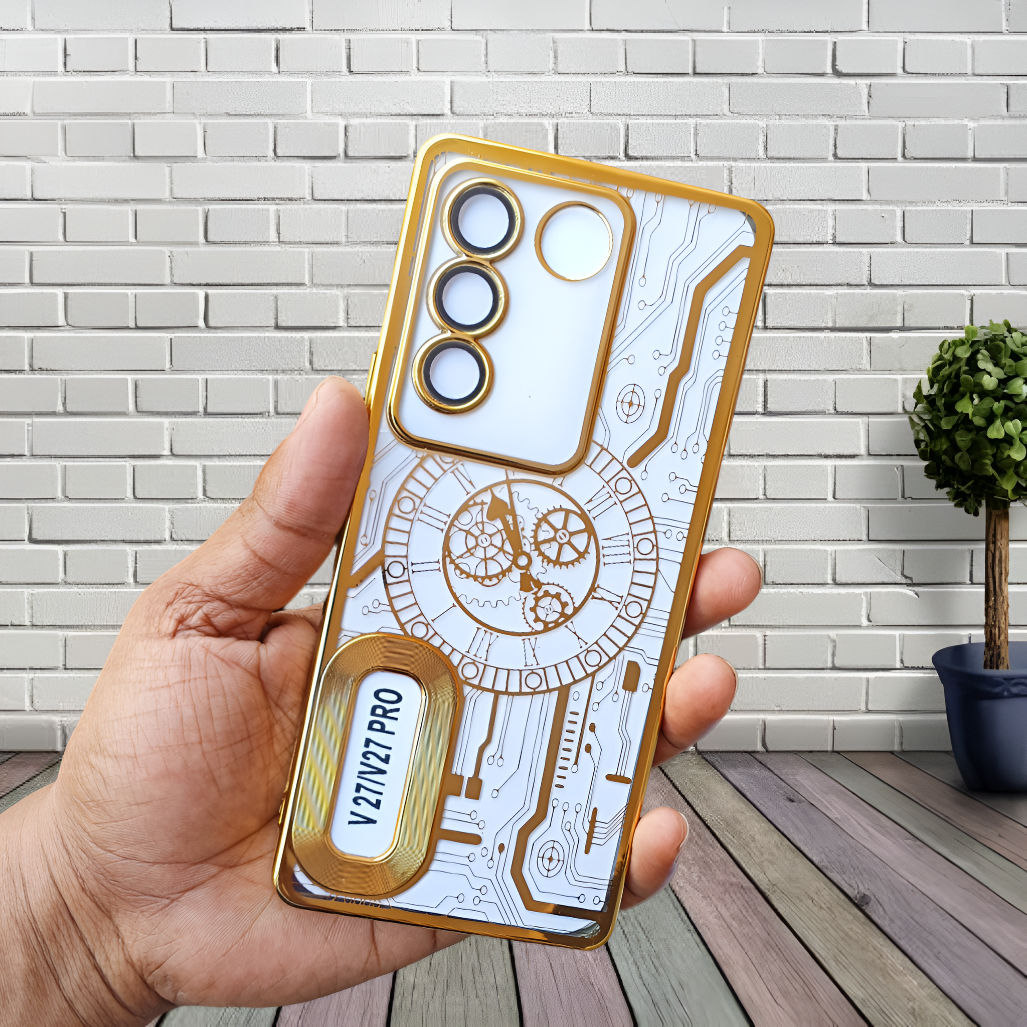 Golden Watch  Machine Logo Cut Transparent Case for Vivo V27 Pro