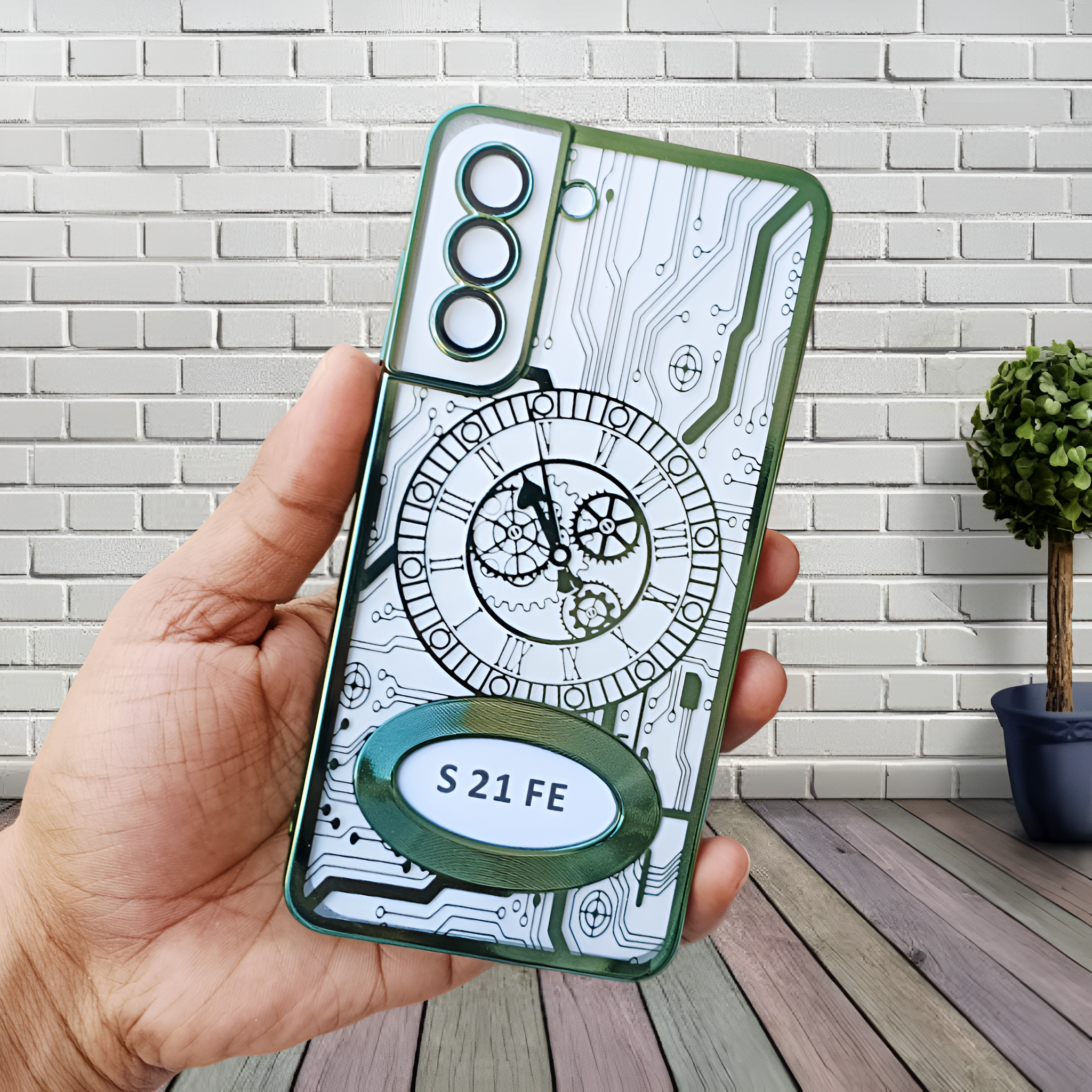 Green Watch Machine Logo Cut Transparent Case for Samsung S21 fe