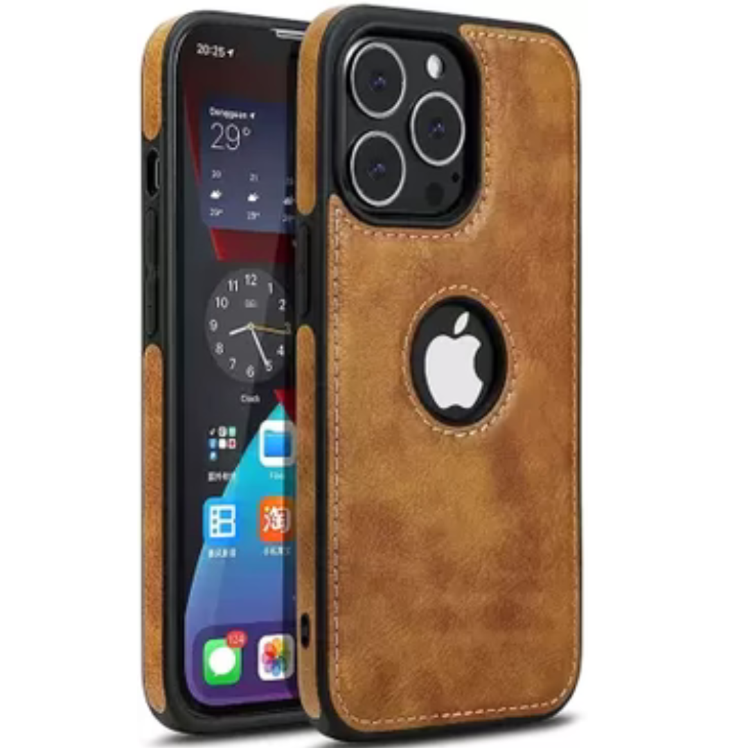 Puloka Brown Logo cut Leather silicone case for Apple iPhone 15 Pro