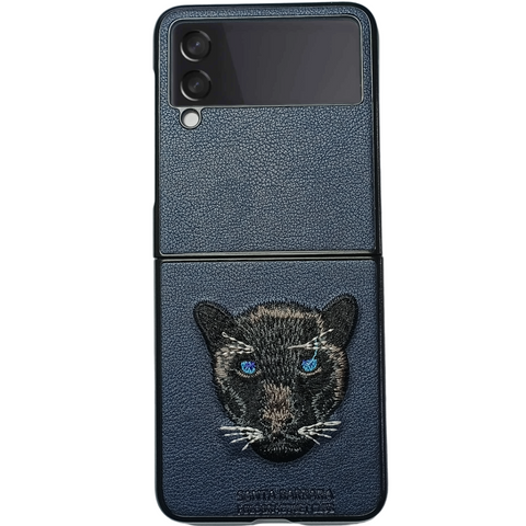 Dark Blue Leather Black Panther Ornamented  case for Samsung Galaxy Z FLIP 3