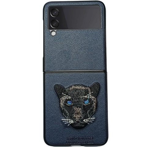 Dark Blue Leather Black Panther Ornamented  case for Samsung Galaxy Z FLIP 4