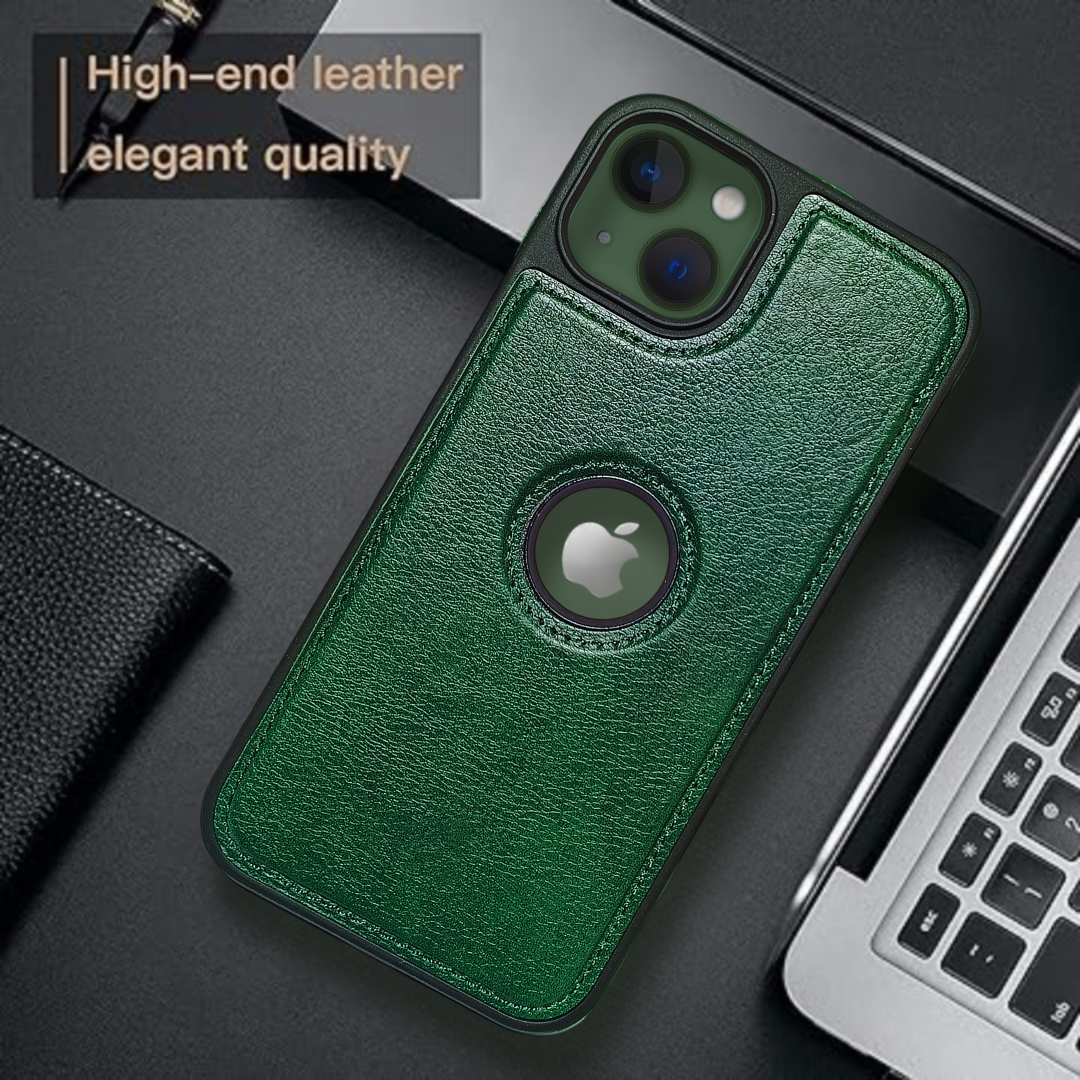 Puloka Green Logo cut Leather silicone case for Apple iPhone 15