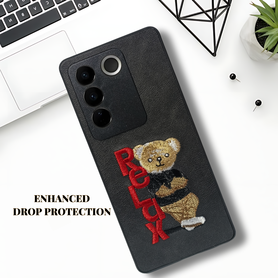Black Leather Relax Teddy Lion Camera Ornamented for Vivo V27