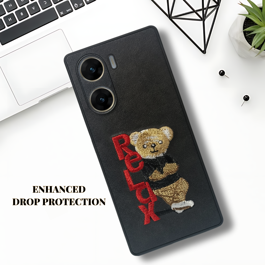 Black Leather Relax Teddy Lion Camera Ornamented for Vivo V29E