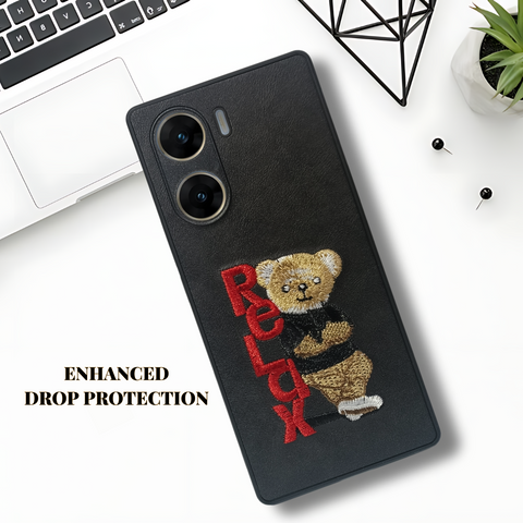 Black Leather Relax Teddy Lion Camera Ornamented for Vivo V29E