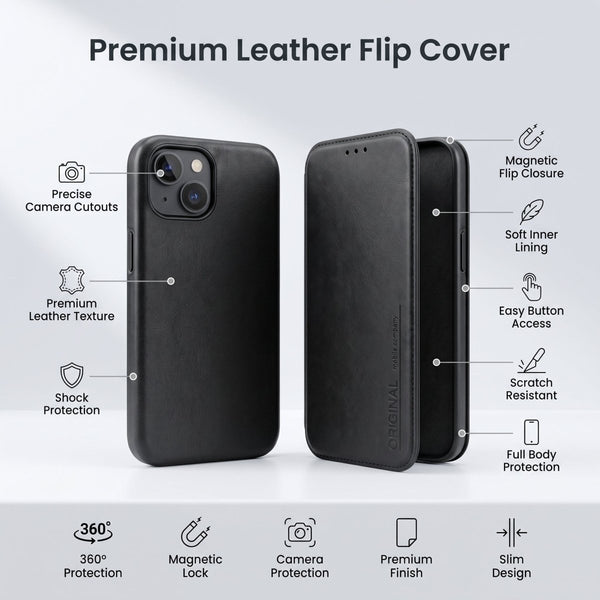 Apex Flip Black Leather Case for Apple iphone 13 - The Hatke