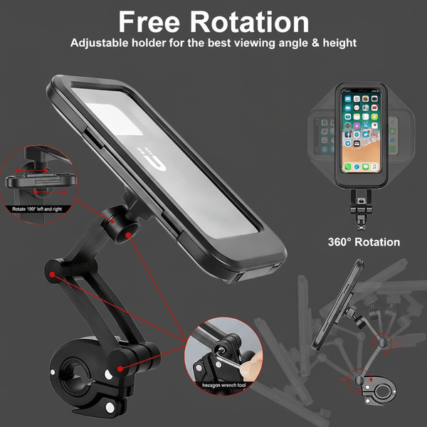 Black 360° Rotating Waterproof Bike Mobile Holder, Universal Motorcycle & Bicycle Handlebar Phone Mount with Sensitive Touch Screen Cover, Fits Smartphones Up to 7.2 Inches - The Hatke