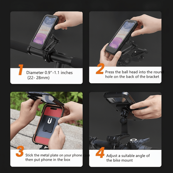 Black 360° Rotating Waterproof Bike Mobile Holder, Universal Motorcycle & Bicycle Handlebar Phone Mount with Sensitive Touch Screen Cover, Fits Smartphones Up to 7.2 Inches - The Hatke