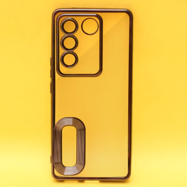 Black 6D Chrome Logo Cut Transparent Case for Vivo V27 5G - The Hatke