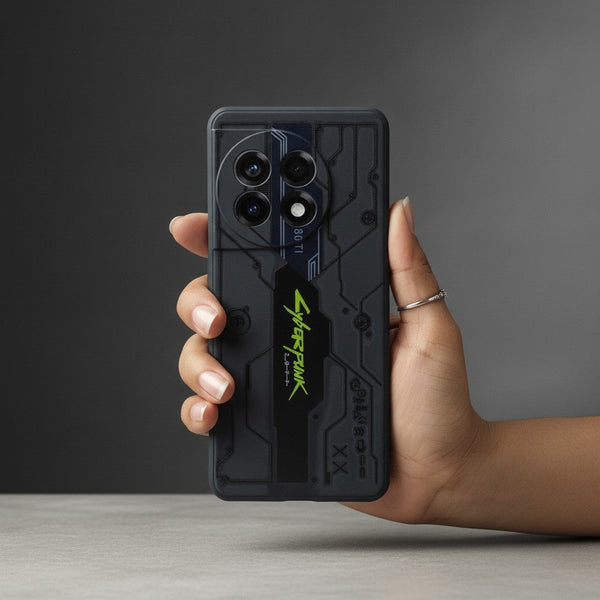Black Cyberpunk Embossed Silicone case for Oneplus 11r - The Hatke