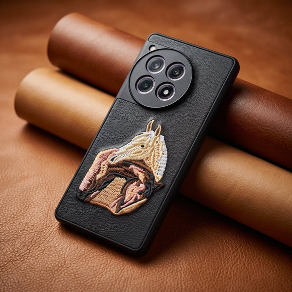 Black Leather 2 Horse Camera Ornamented for Oneplus 12r - The Hatke