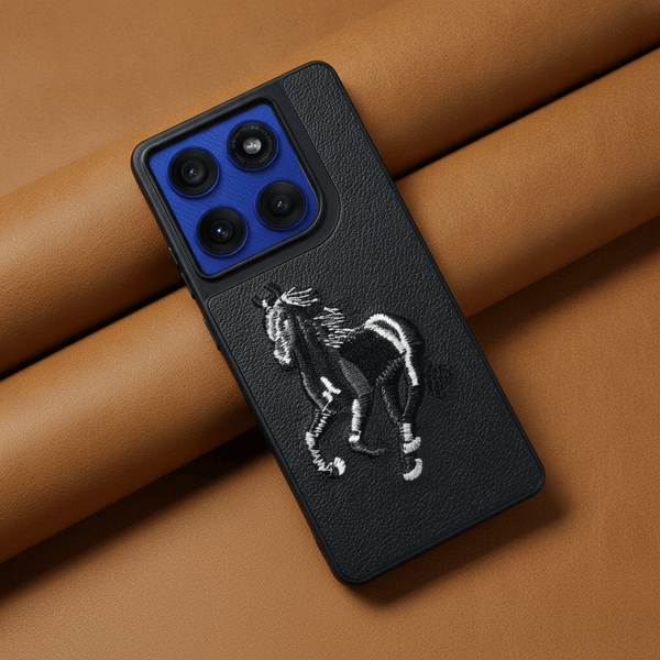 Black Leather Black White Horse OC Ornamented for Motorola Edge 60 Pro - The Hatke