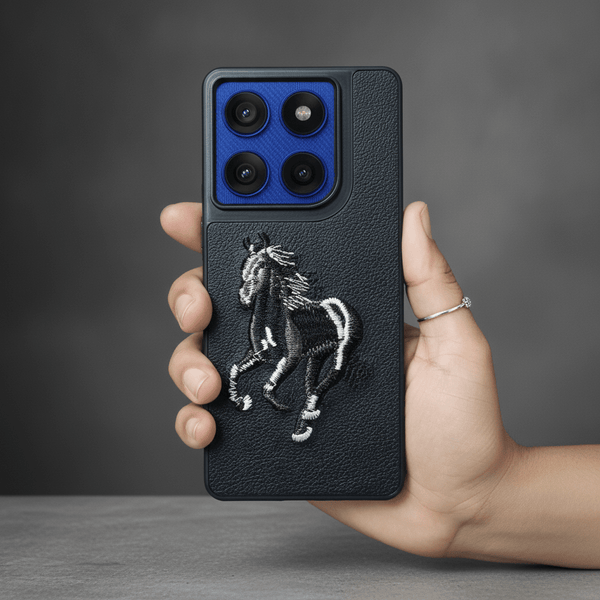 Black Leather Black White Horse OC Ornamented for Motorola Edge 60 Pro - The Hatke
