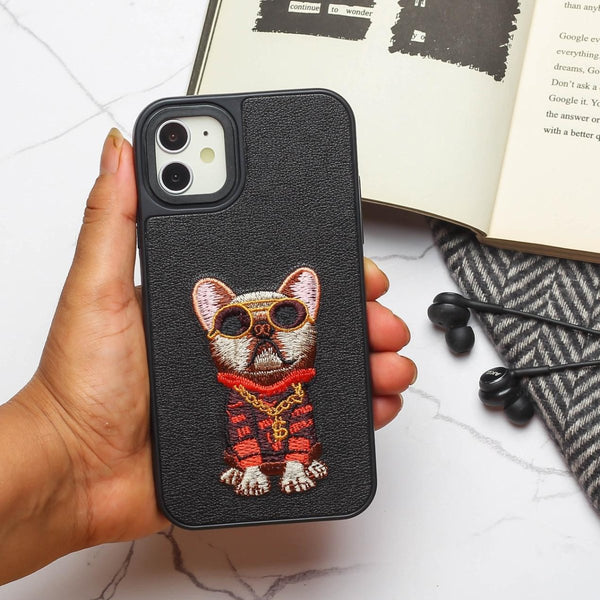 Black Leather Bulldog Ornamented for Apple Iphone 11 - The Hatke