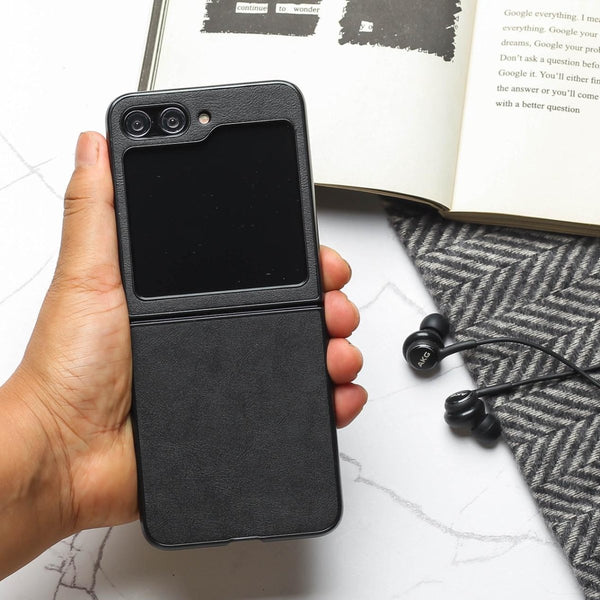 Black Leather Case for Samsung Galaxy Z FLIP 5 - The Hatke