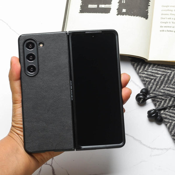 Black Leather Case for Samsung Galaxy Z Fold 6 - The Hatke