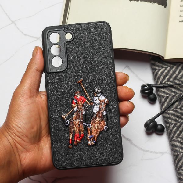 Black Leather Dual Horse rider Camera Ornamented for Samsung S21 FE - The Hatke