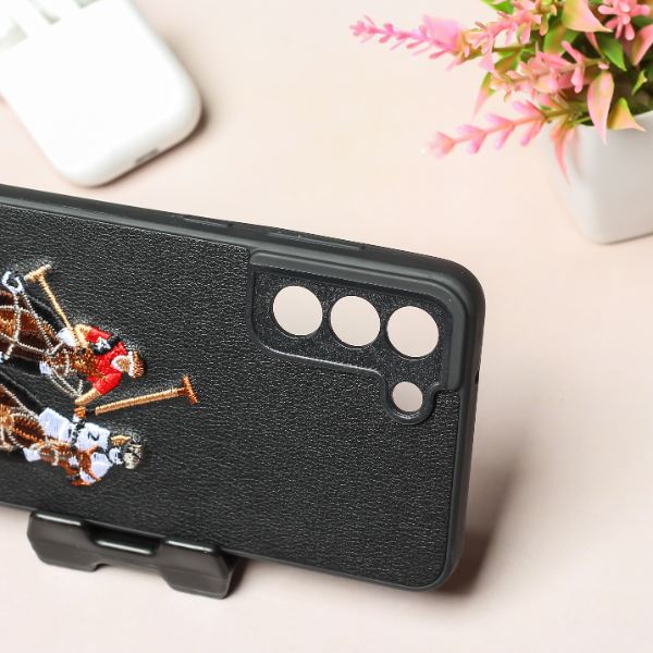 Black Leather Dual Horse rider Camera Ornamented for Samsung S21 FE - The Hatke