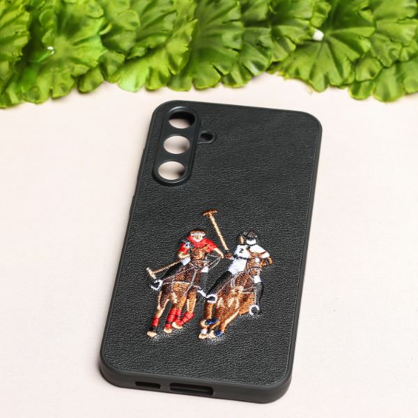 Black Leather Dual Horse rider Camera Ornamented for Samsung S23 FE - The Hatke