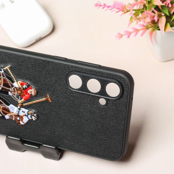 Black Leather Dual Horse rider Camera Ornamented for Samsung S23 FE - The Hatke