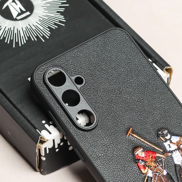 Black Leather Dual Horse rider Camera Ornamented for Samsung S23 FE - The Hatke