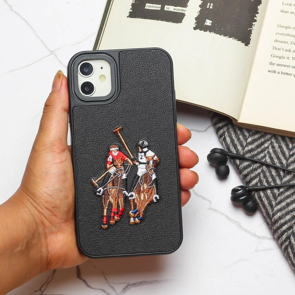 Black Leather Dual Horse rider Ornamented for Apple iPhone 11 - The Hatke
