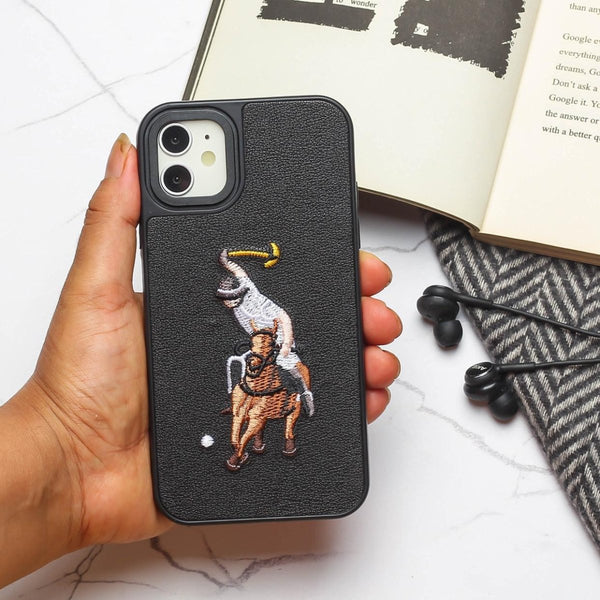 Black Leather Horse rider Ornamented for Apple iPhone 11 - The Hatke