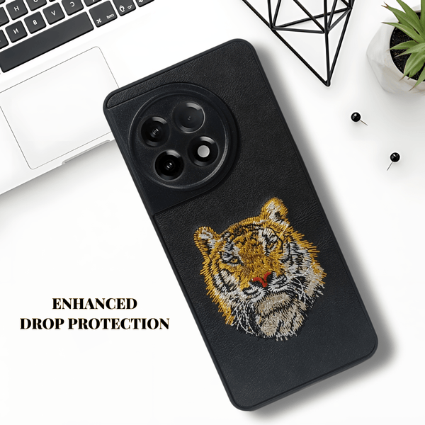 Black Leather Yellow Lion Camera Ornamented for Oneplus 11R - The Hatke