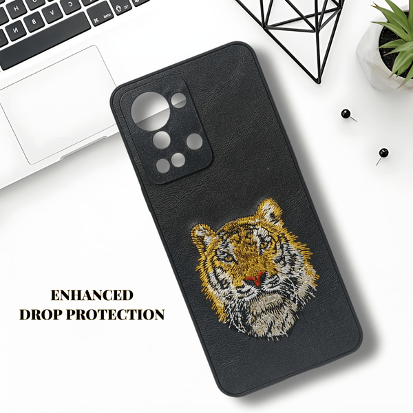 Black Leather Yellow Lion Camera Ornamented for Oneplus Nord 2T - The Hatke