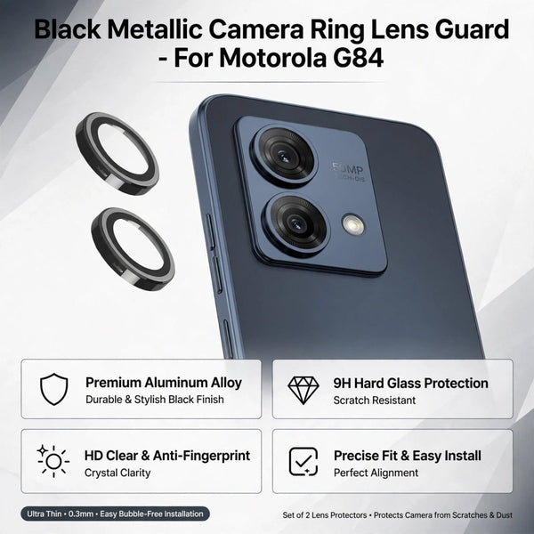 Black Metallic camera ring lens guard for Motorola G84 - The Hatke