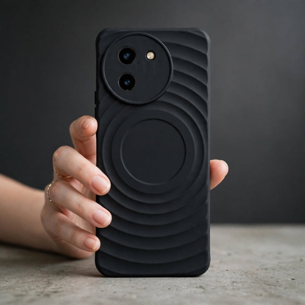 Black Round Wave Silicone case for Vivo T3X - The Hatke