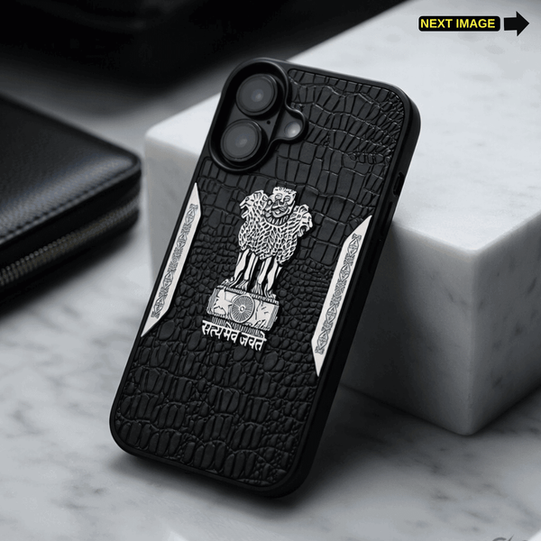 Black Satyameva Jayate embossed Leather Case for Apple iphone 16 - The Hatke