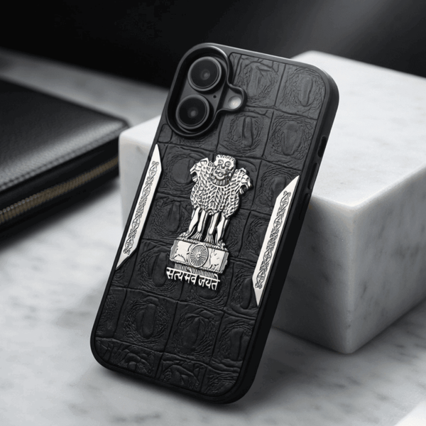 Black Satyameva Jayate embossed Leather Case for Apple iphone 16 - The Hatke