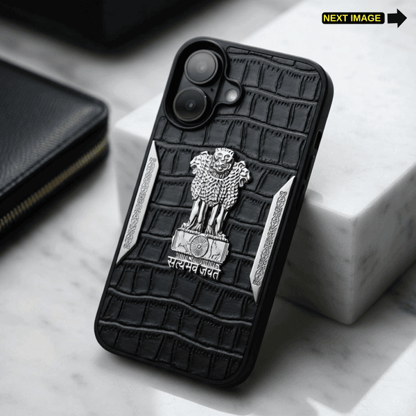 Black Satyameva Jayate embossed Leather Case for Apple iphone 16 - The Hatke