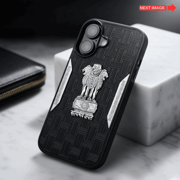 Black Satyameva Jayate embossed Leather Case for Apple iphone 16 - The Hatke